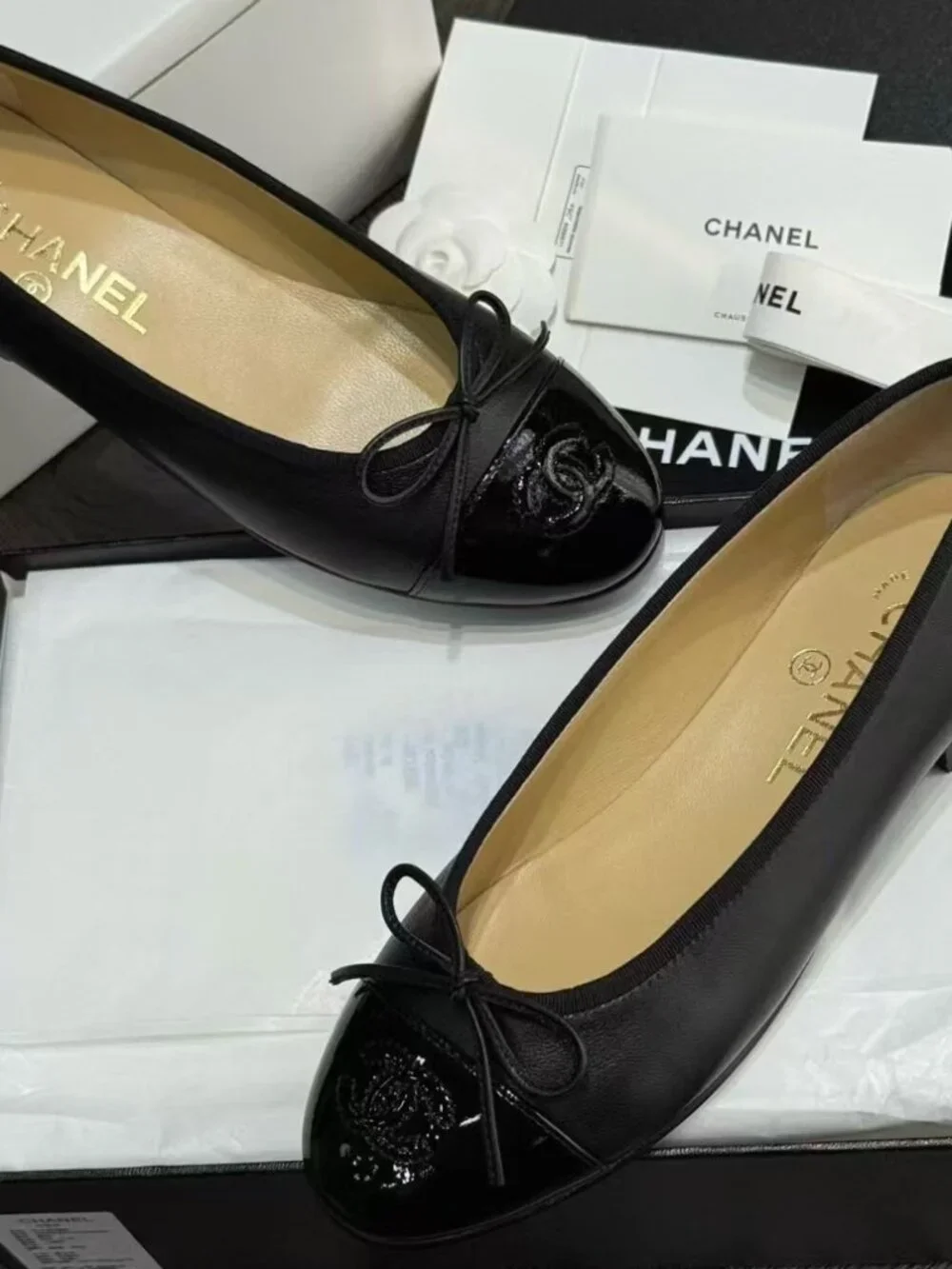Chanel Two‑Tone Patent Toe Bow Ballet Flats